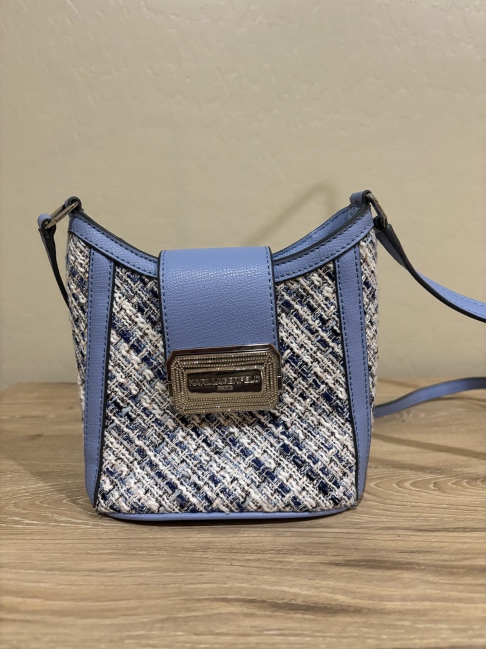 Karl Lagerfeld Paris Linette Light Blue Tweed Bucket Crossbody Bag